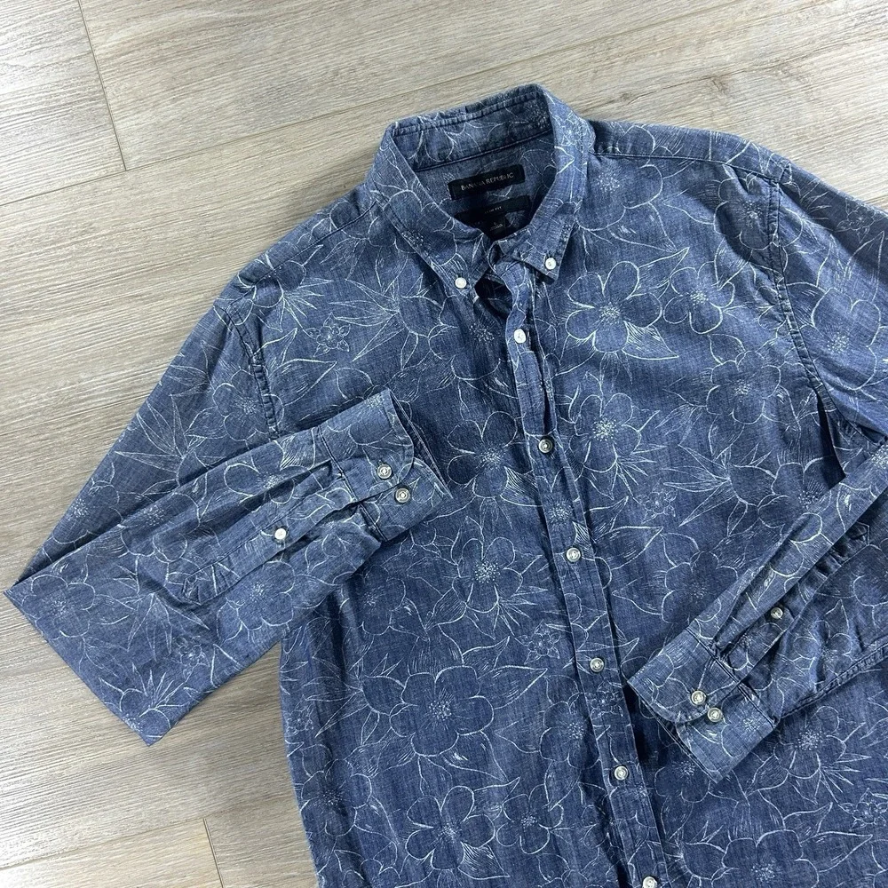 Banana Republic Mens Large Blue Cotton Floral Button Down Slim Fit Long Sleeve